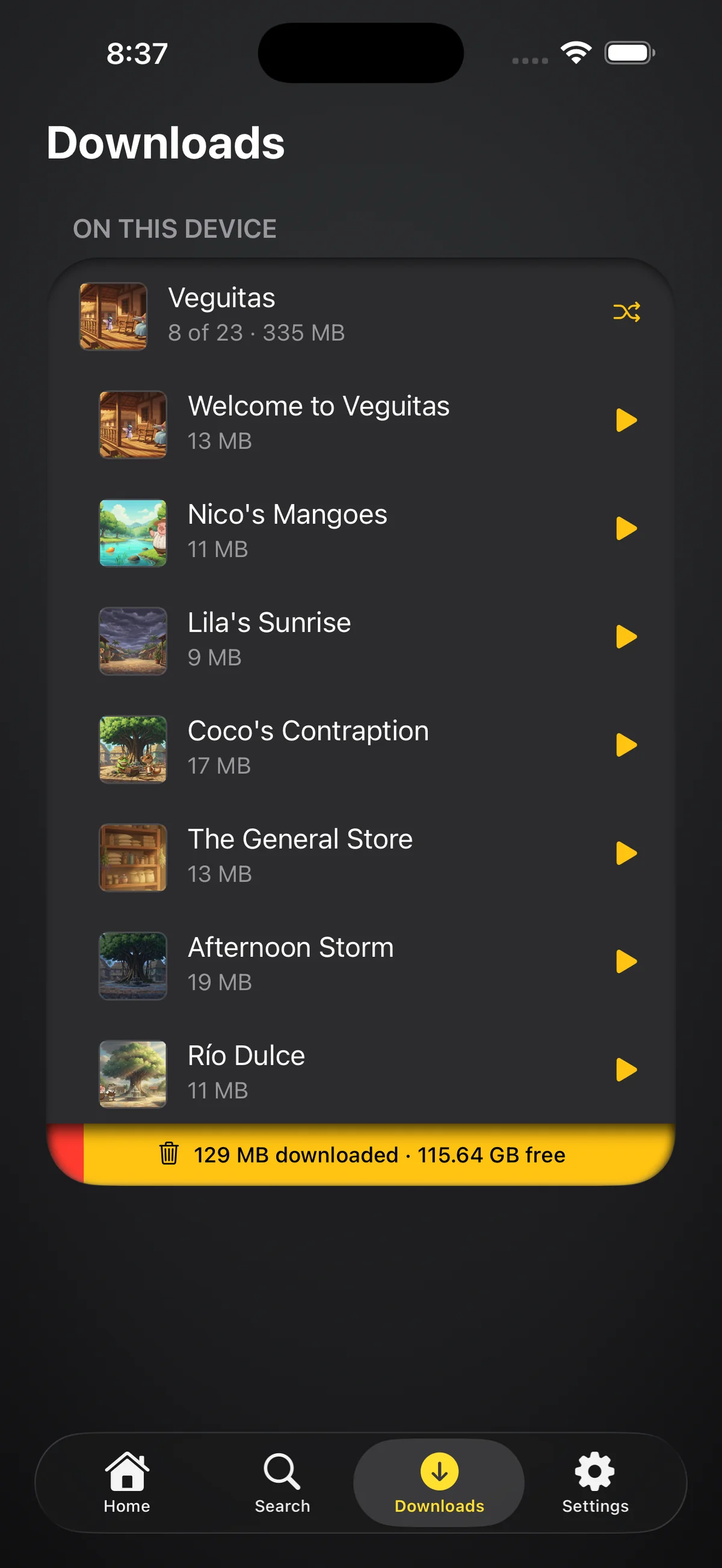 The same Veguitas folder in the Downloads tab on iPhone, every episode finished and ready to play, and the storage gauge at the foot of the card