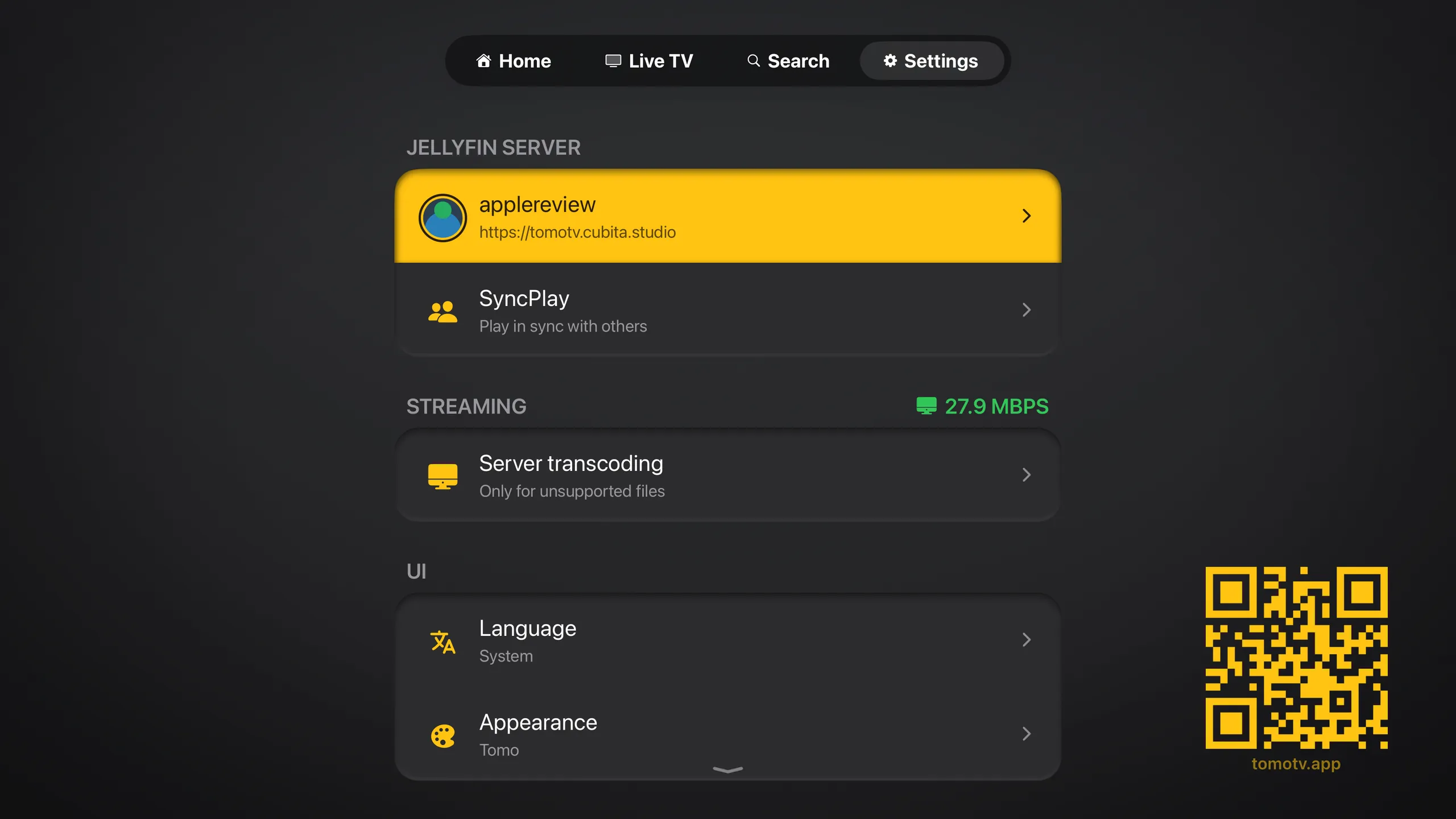 Tomo TV Settings on Apple TV: the connected Jellyfin server and a SyncPlay row, a Streaming section with the measured link speed at its head over a single Server transcoding row showing its level, and a UI section with Language and Appearance