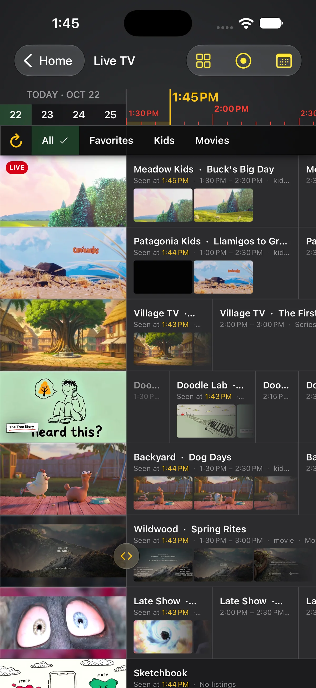 The Live TV guide on iPhone in portrait: a strip of days, a band of channel groups, and channel cards showing live frames beside program cells along the time ruler