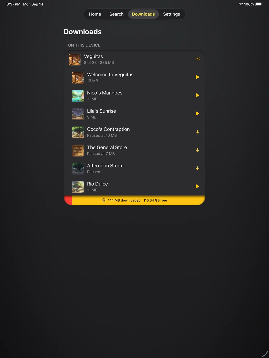 The Downloads tab on iPad: the Veguitas folder expanded into its episodes, three of them paused mid-download with a resume arrow, and the storage gauge at the foot of the card