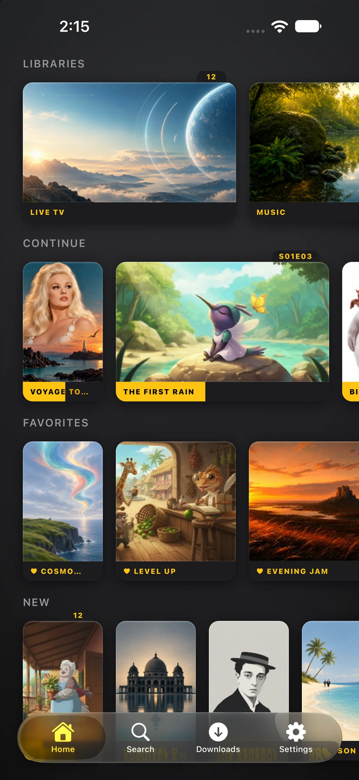 Tomo TV Home on iPhone in portrait: Libraries, Continue, Favorites and New rows stacked over the four-tab bar