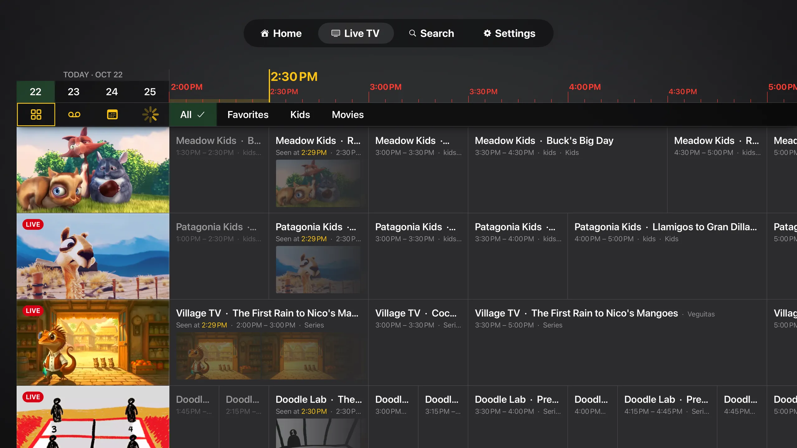 Tomo TV's Live TV guide on Apple TV: a strip of days and the Channels, Recordings, Scheduled and Refresh buttons over a column of channel cards, a band of channel groups, and program cells laid out along a time ruler, each led by its channel's name, the airing ones showing recent frames and the time they were seen